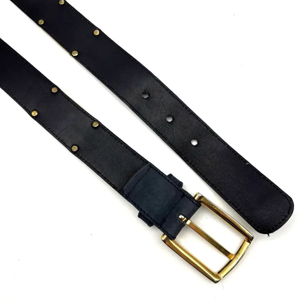 1980s Roberto Bellido Navy & Cream Genuine Leather Gold Studs Waist Belt 29-31
